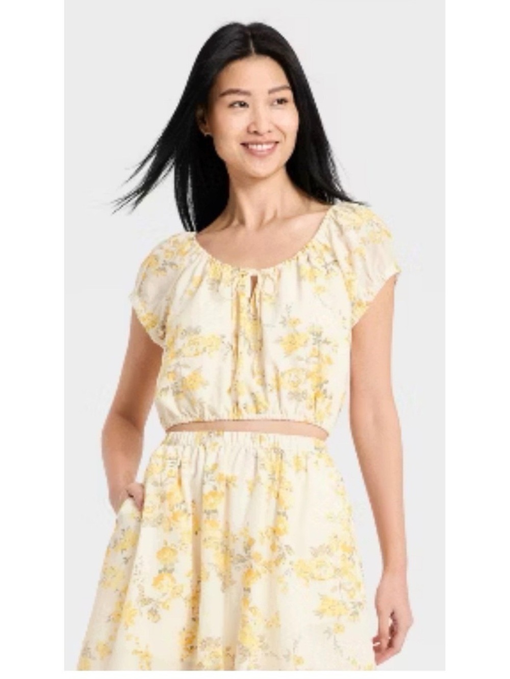 a new day Yellow Floral Tie-Front Cropped Peasant Top size small